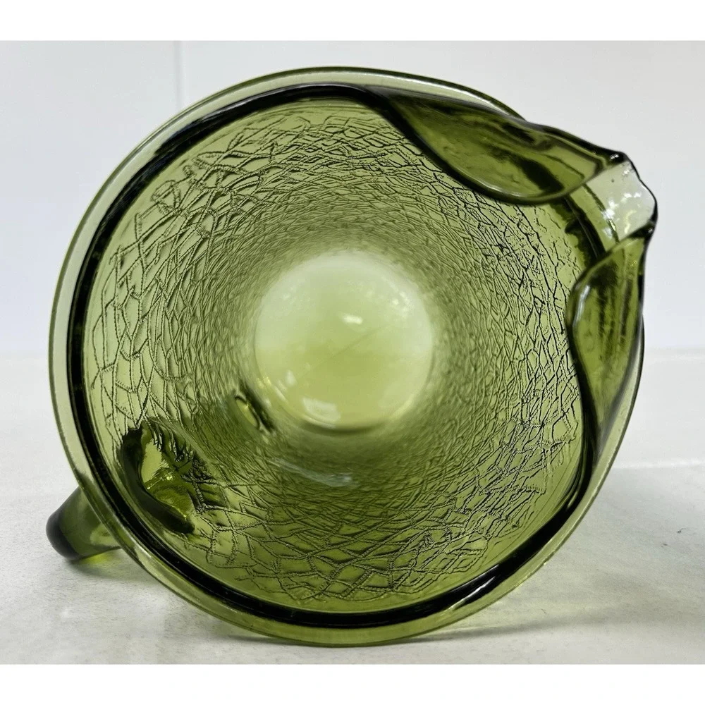 Vintage Anchor Hocking Avocado Green Crackle Glass Ice Lip Pour Pitcher 36 Oz.